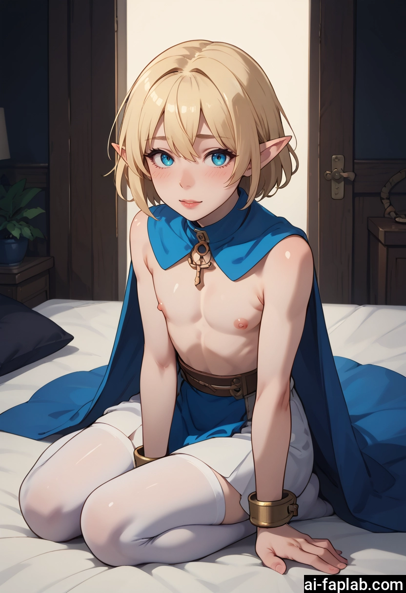 pointy ears, thighhighs, 1boy, blue eyes, male focus, nipples · Yamete.gg