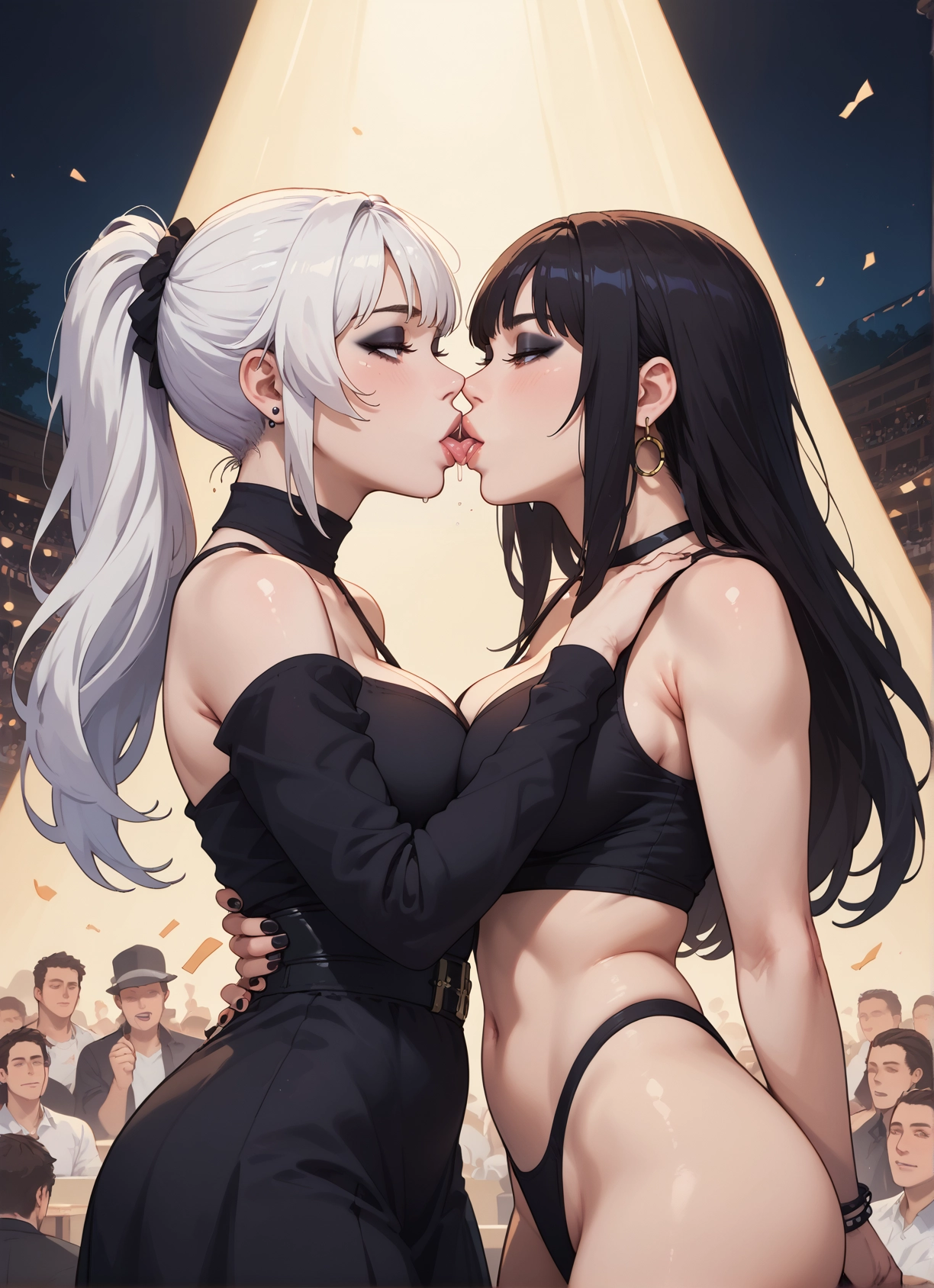 multiple girls, 2girls, breasts, kiss, black hair, jewelry · Yamete.gg
