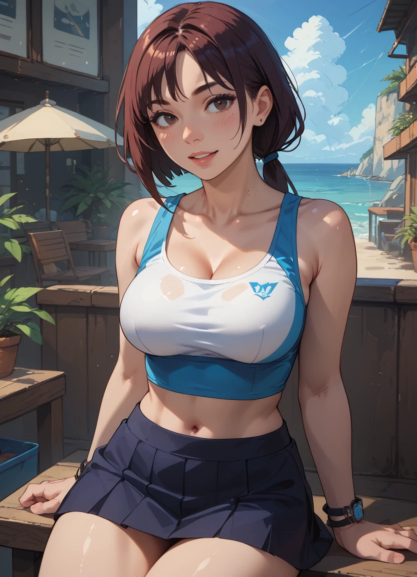 1girl, breasts, solo, skirt, brown hair, navel · Yamete.gg