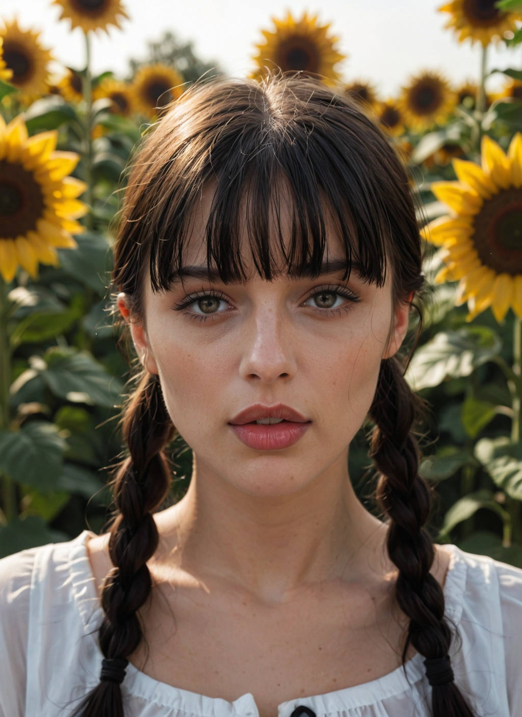 1girl, solo, flower, braid, sunflower, twin braids