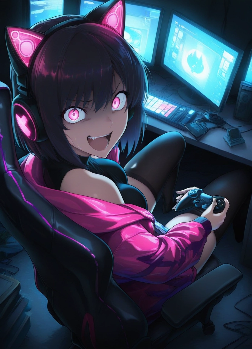 1girl, chair, headphones, solo, fake animal ears, animal ear headphones