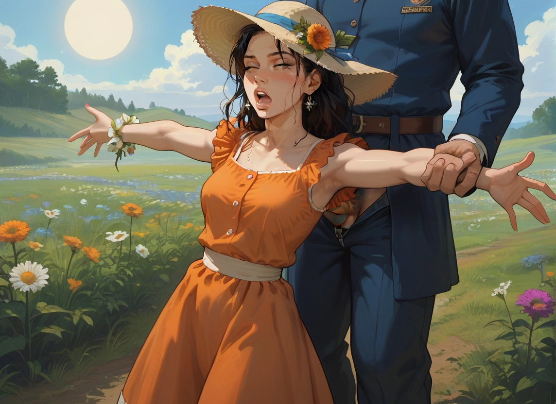 1girl, flower, hat, outdoors, 1boy, jewelry · Yamete.gg