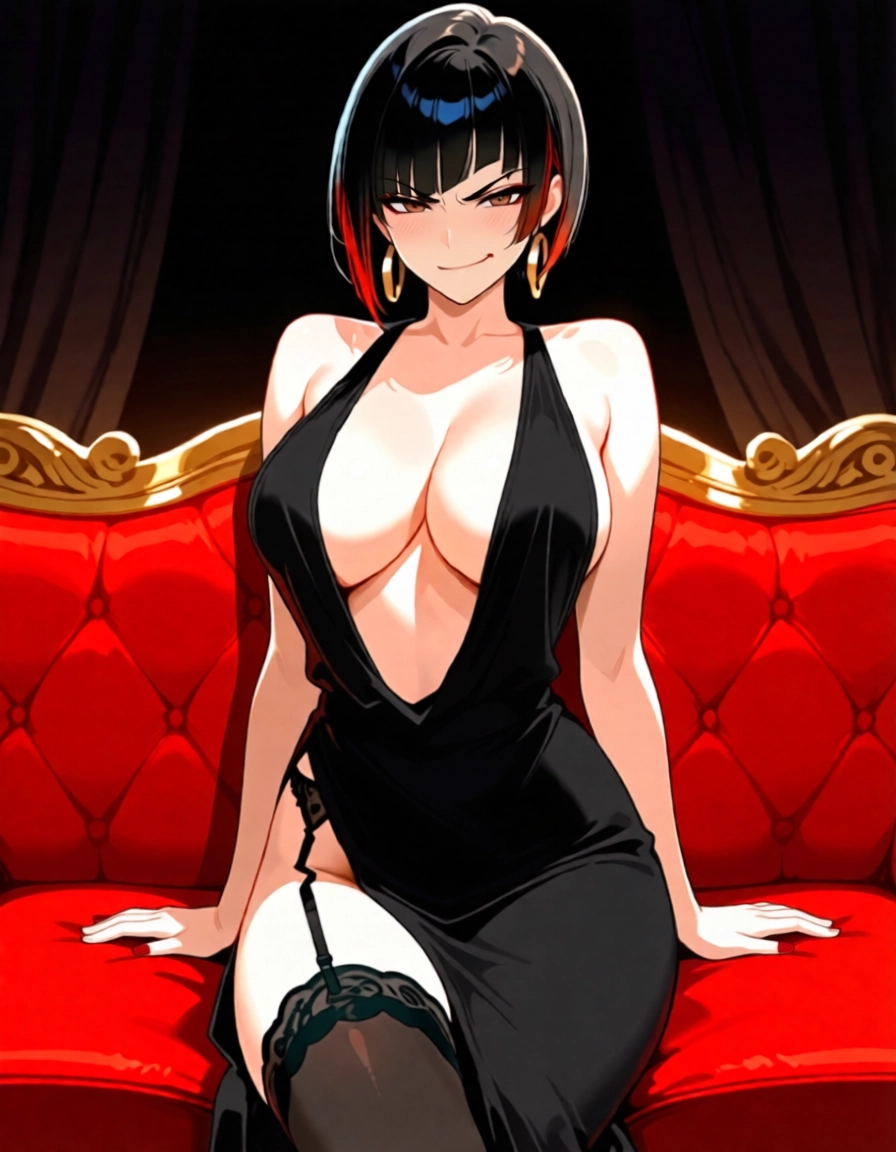 1girl, breasts, solo, black hair, dress, jewelry · Yamete.gg