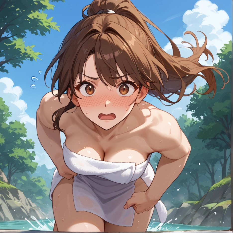 1girl, breasts, brown hair, towel, blush, brown eyes · Yamete.gg