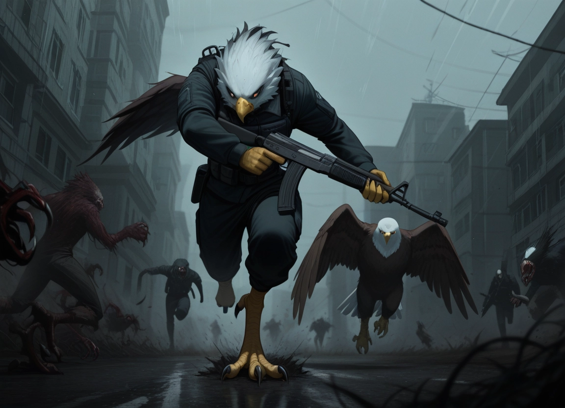weapon, rain, gun, bird, holding weapon, holding · Yamete.gg