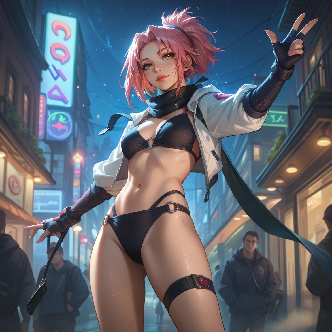 1girl, pink hair, gloves, swimsuit, navel, scarf · Yamete.gg