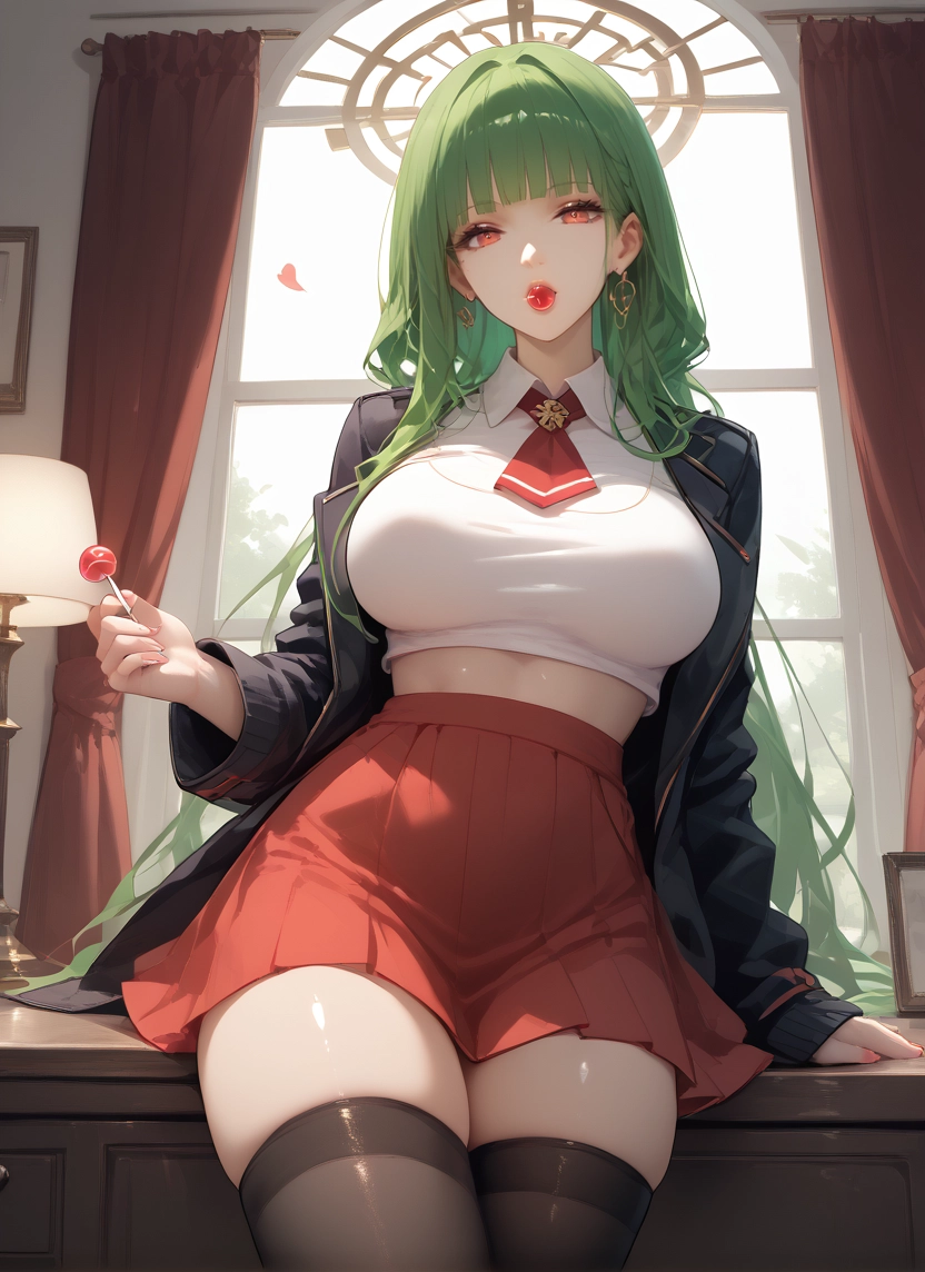 1girl, thighhighs, food, skirt, candy, breasts · Yamete.gg