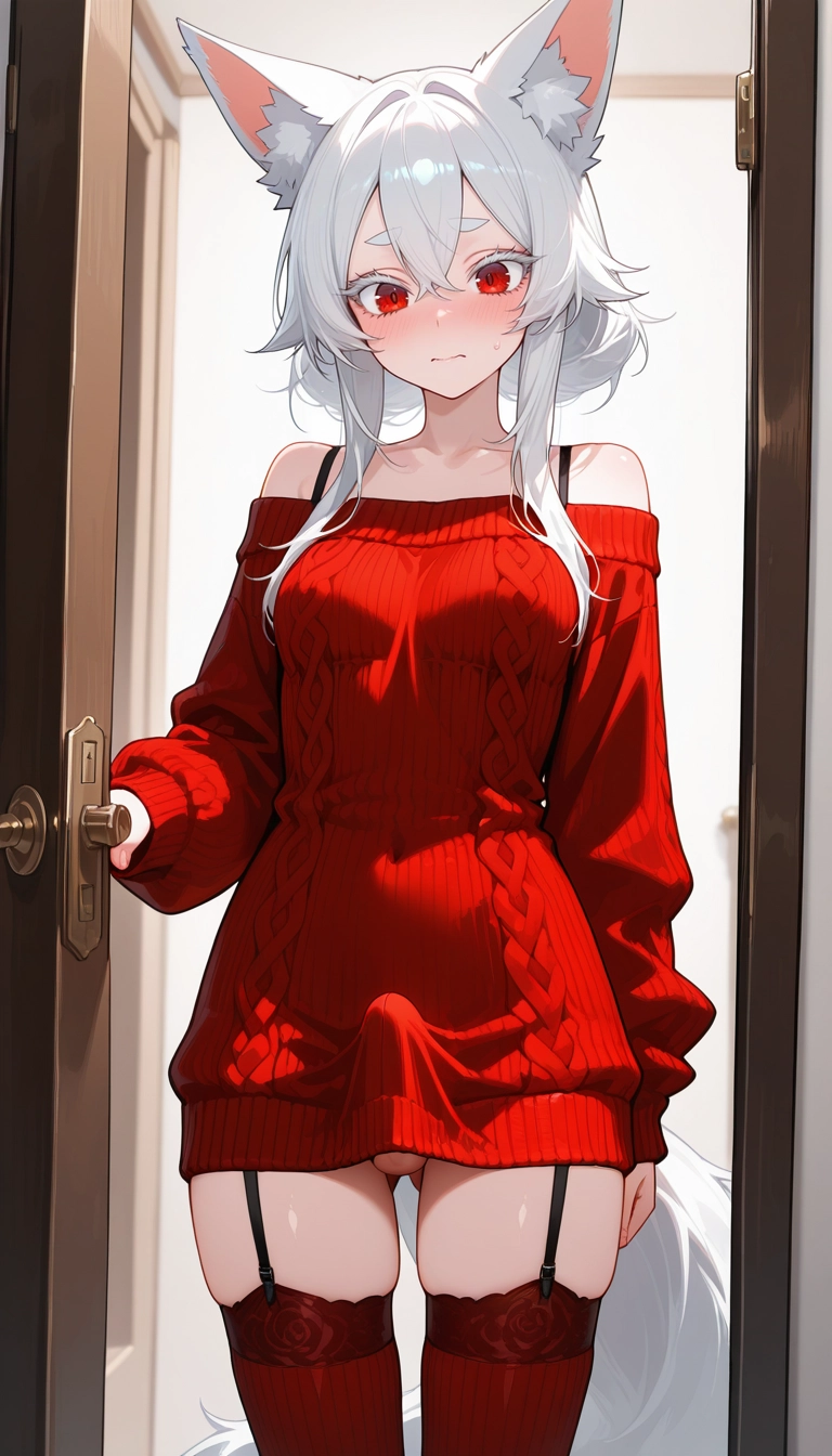 futanari, 1girl, solo, thighhighs, animal ears, red sweater · Yamete.gg