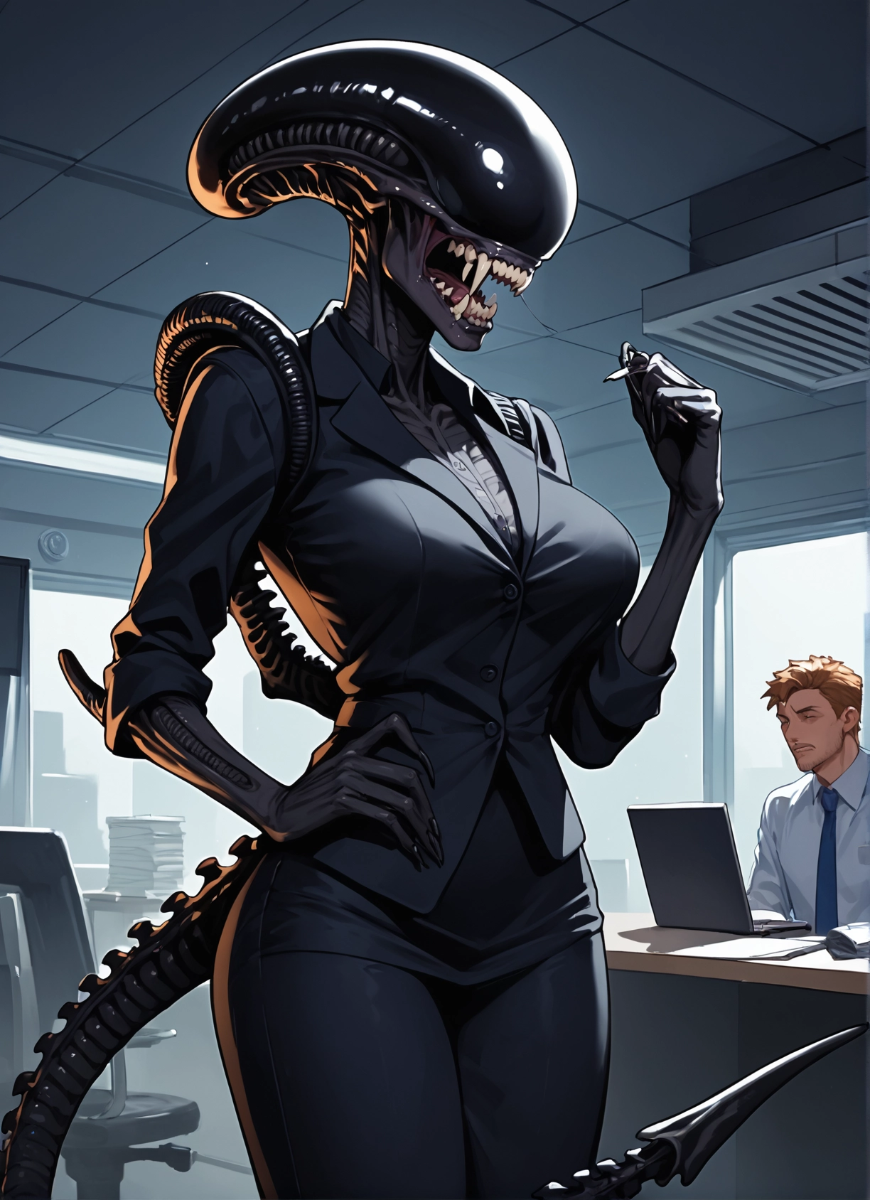 1girl, 1boy, breasts, tail, formal, skirt · Yamete.gg