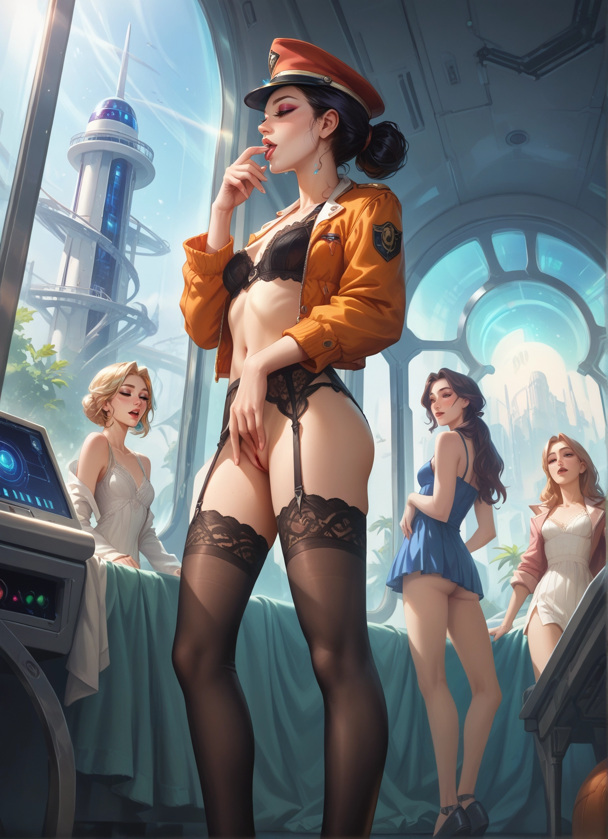 multiple girls, underwear, thighhighs, 3girls, bra, blonde hair · Yamete.gg