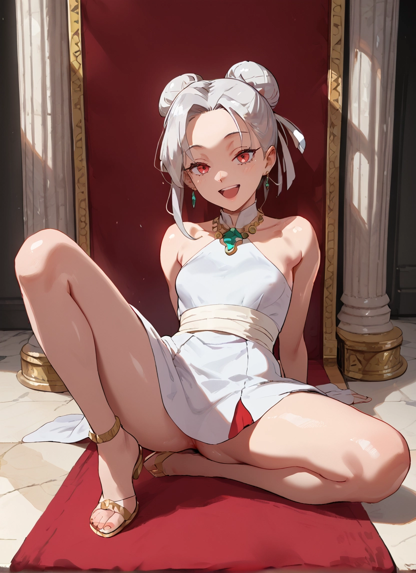 1girl, solo, double bun, open mouth, red eyes, jewelry · Yamete.gg