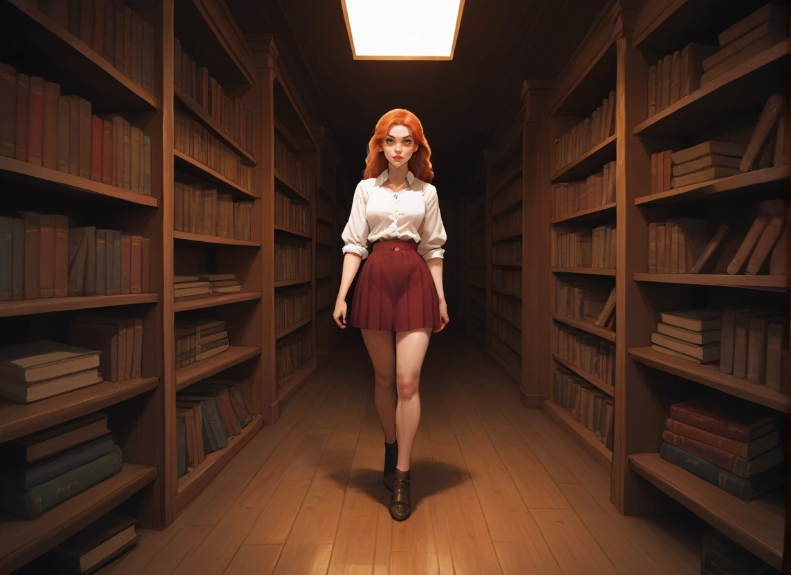 1girl, skirt, book, solo, bookshelf, library · Yamete.gg