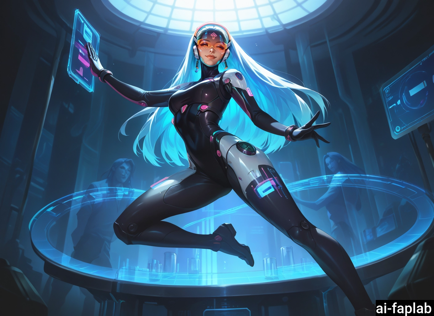 1girl, bodysuit, long hair, holographic interface, breasts, science fiction