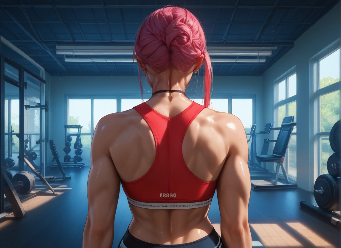 1girl, gym, choker, muscular female, muscular, sweat · Yamete.gg