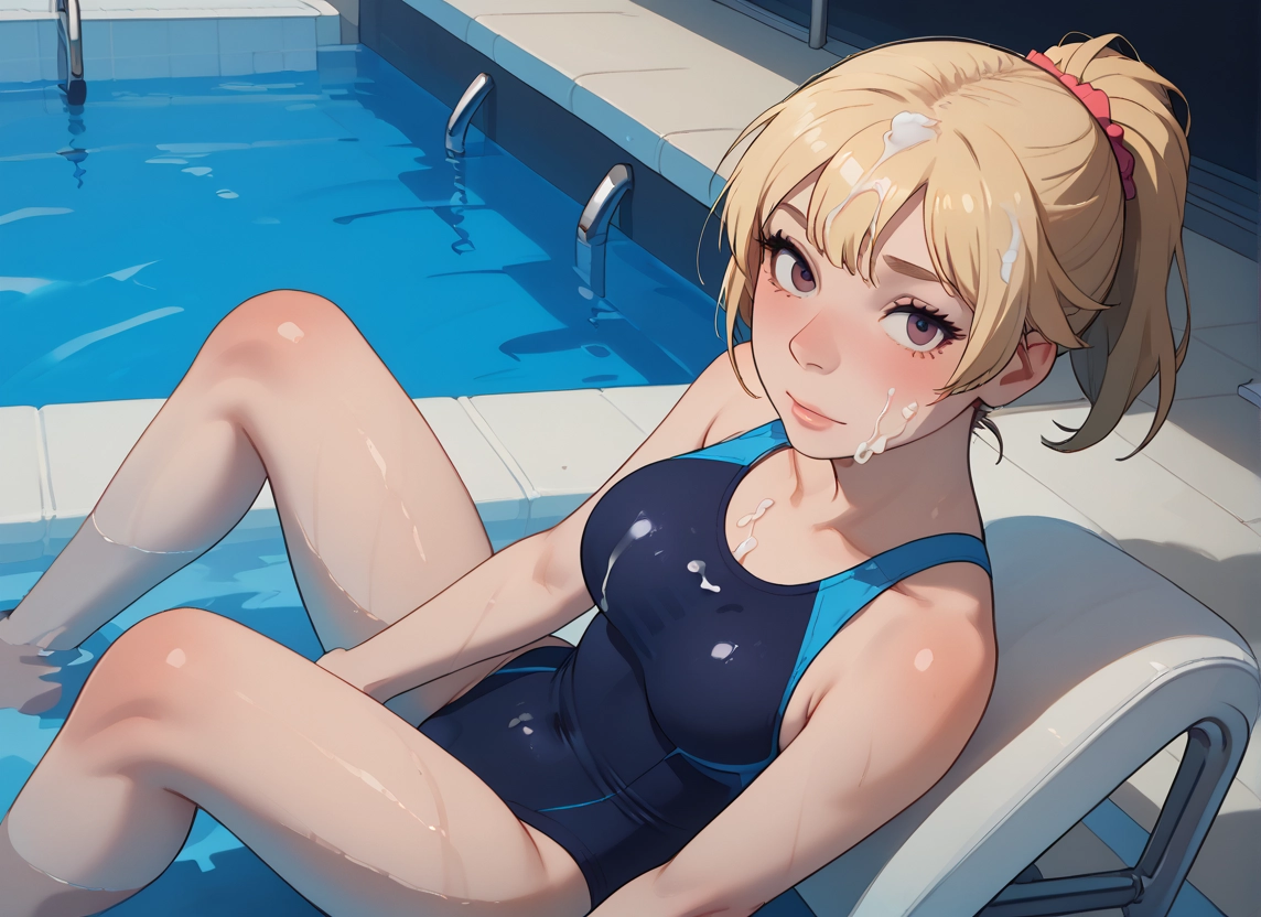 1girl, swimsuit, one-piece swimsuit, solo, blonde hair, cum · Yamete.gg