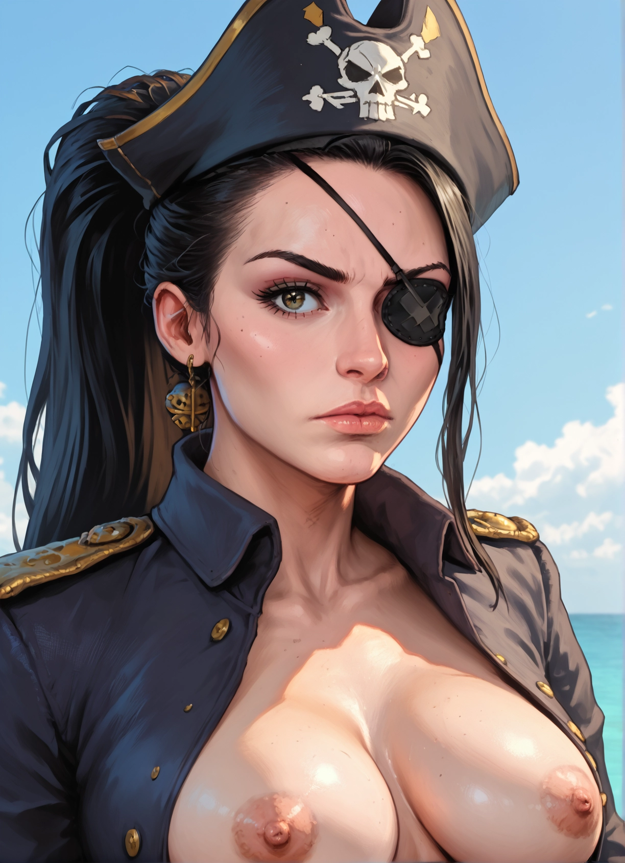 1girl, breasts, nipples, eyepatch, solo, hat · Yamete.gg