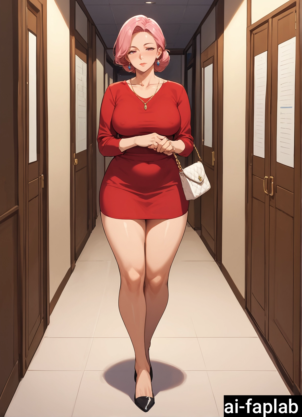 1girl, solo, handbag, dress, breasts, jewelry