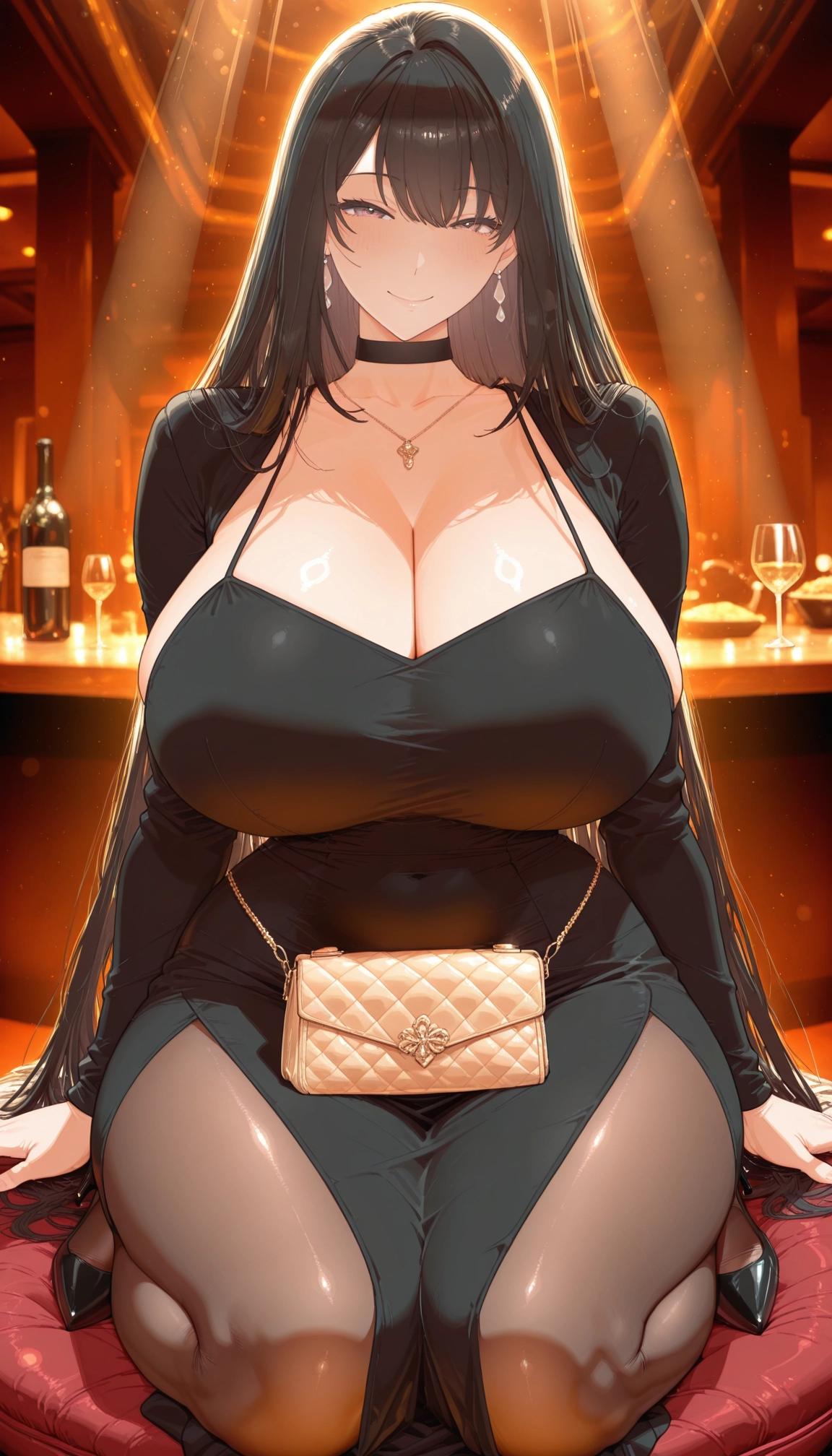 breasts, 1girl, dress, jewelry, pantyhose, bag · Yamete.gg