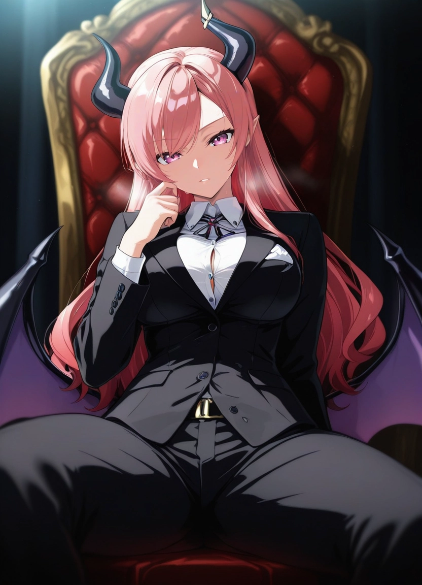 1girl, horns, solo, pink hair, wings, sitting · Yamete.gg