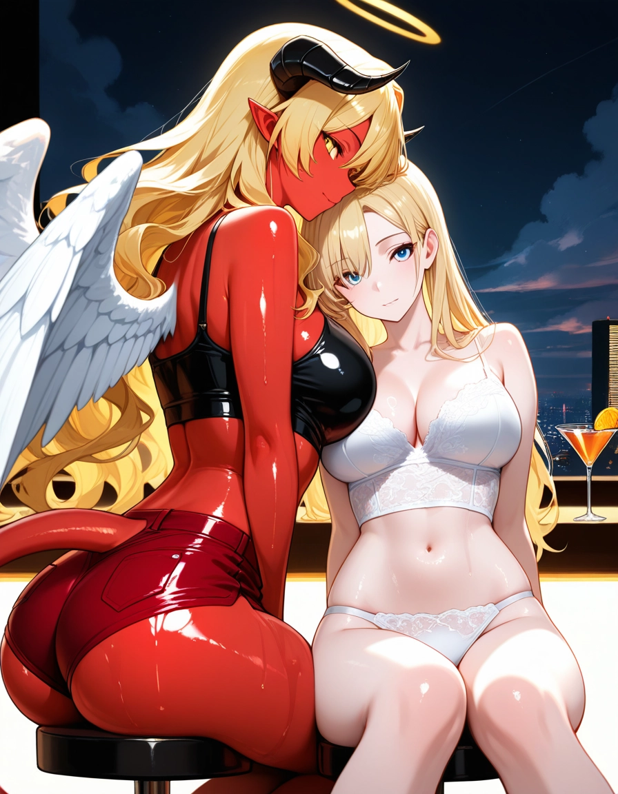breasts, multiple girls, 2girls, blonde hair, horns, underwear · Yamete.gg