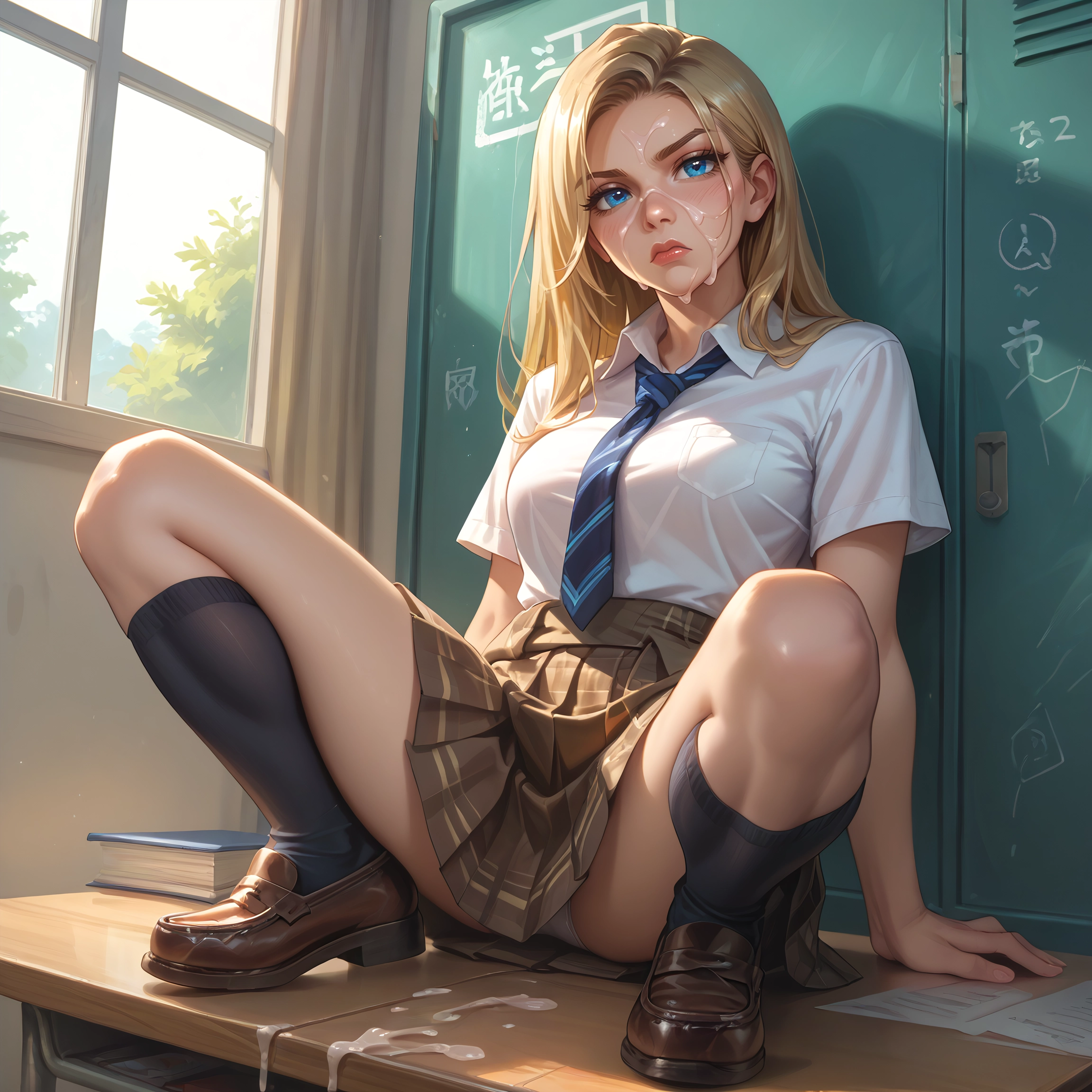 1girl, blonde hair, skirt, cum, underwear, blue eyes · Yamete.gg