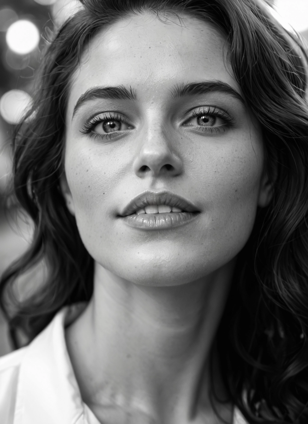 monochrome, 1girl, greyscale, solo, freckles, realistic · Yamete.gg