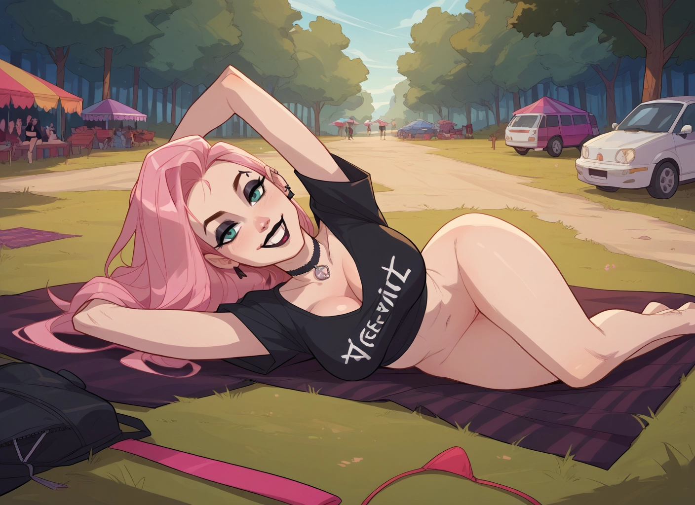 breasts, pink hair, lying, bottomless, shirt, on side
