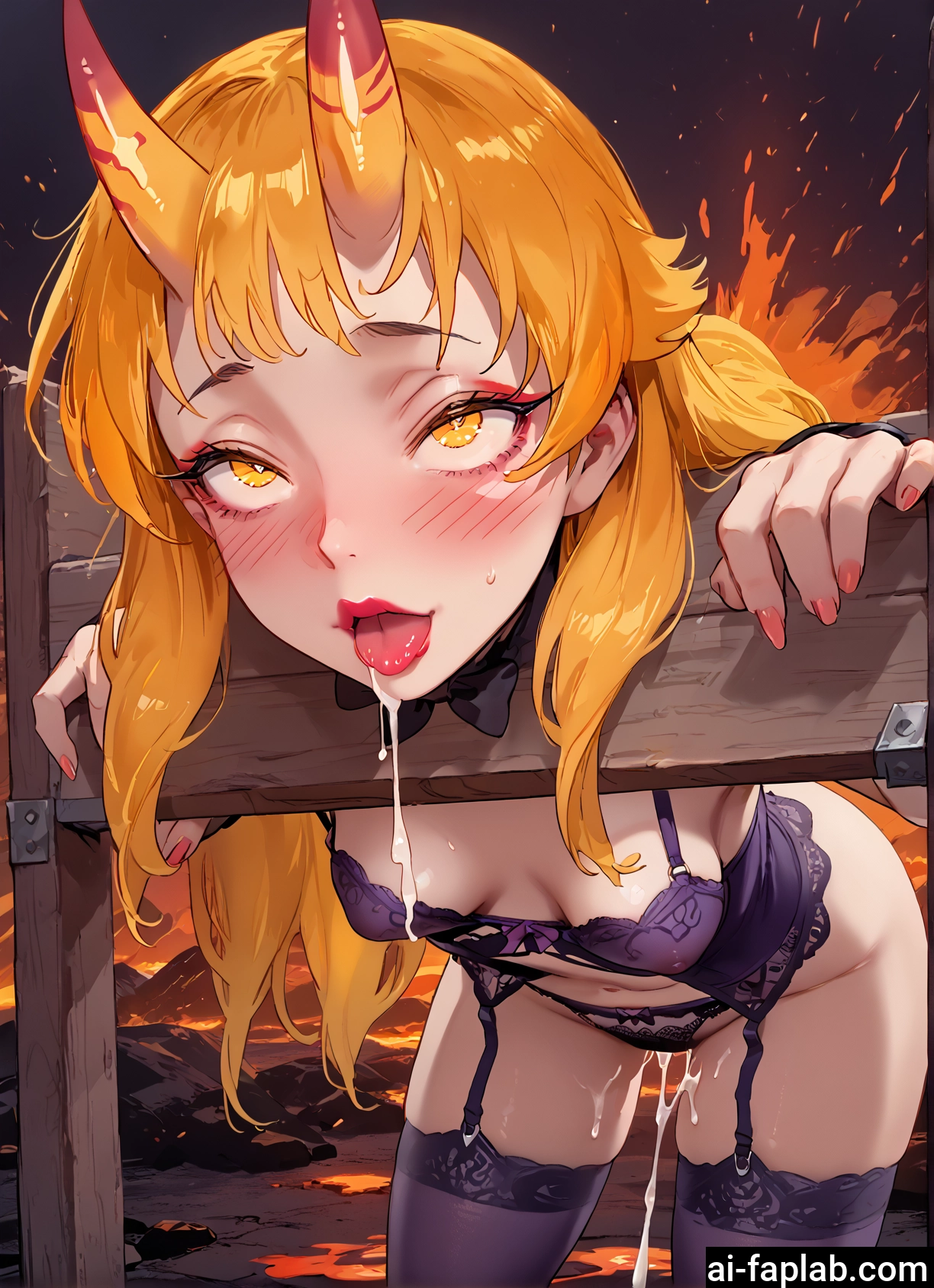 1girl, horns, breasts, solo, cum, thighhighs · Yamete.gg
