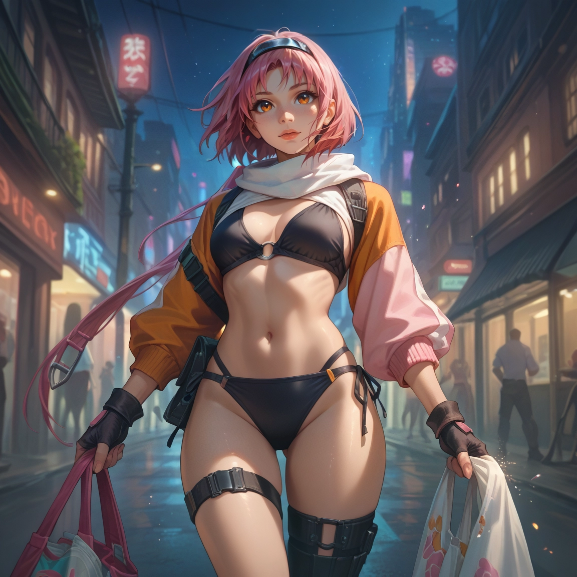 swimsuit, bikini, gloves, 1girl, pink hair, navel · Yamete.gg