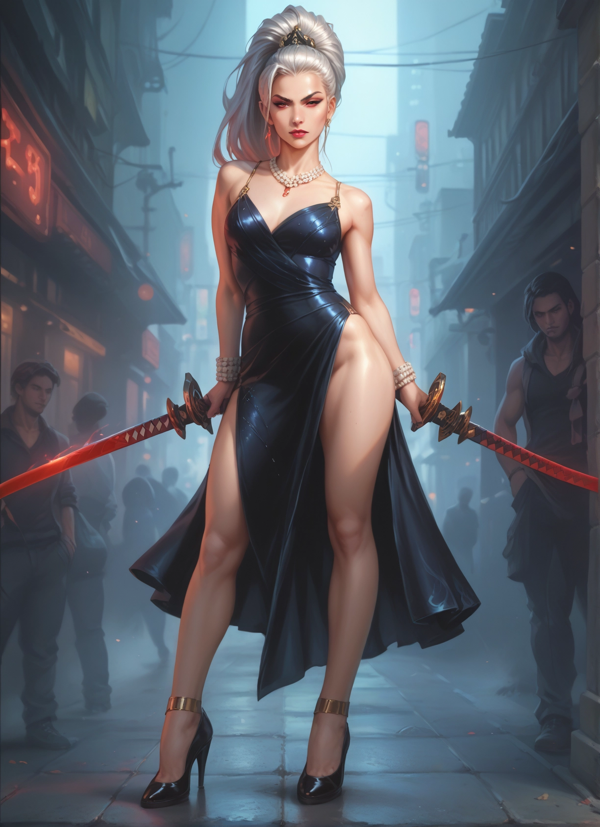 weapon, sword, dress, 1girl, jewelry, high heels · Yamete.gg