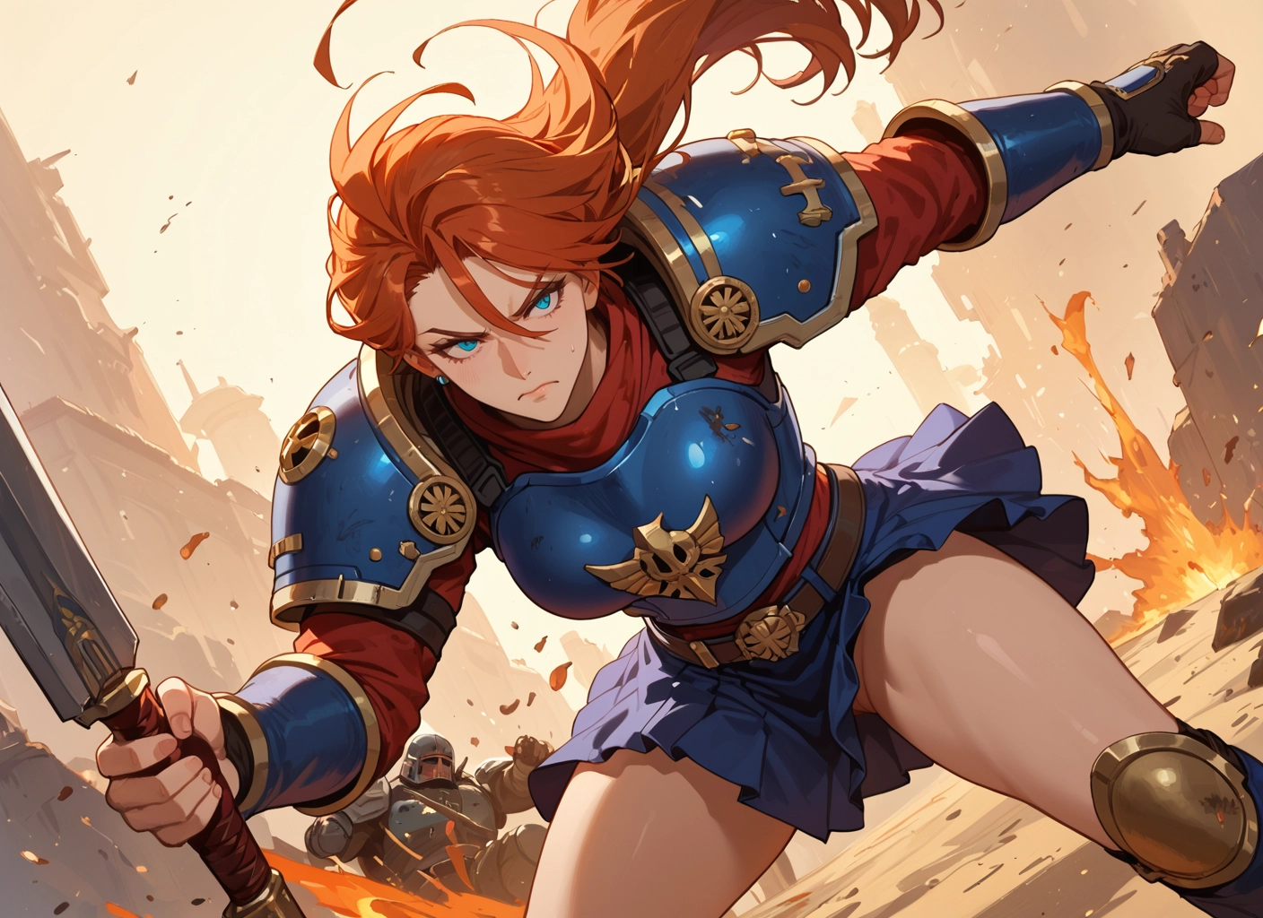 1girl, weapon, sword, armor, blue eyes, gloves · Yamete.gg