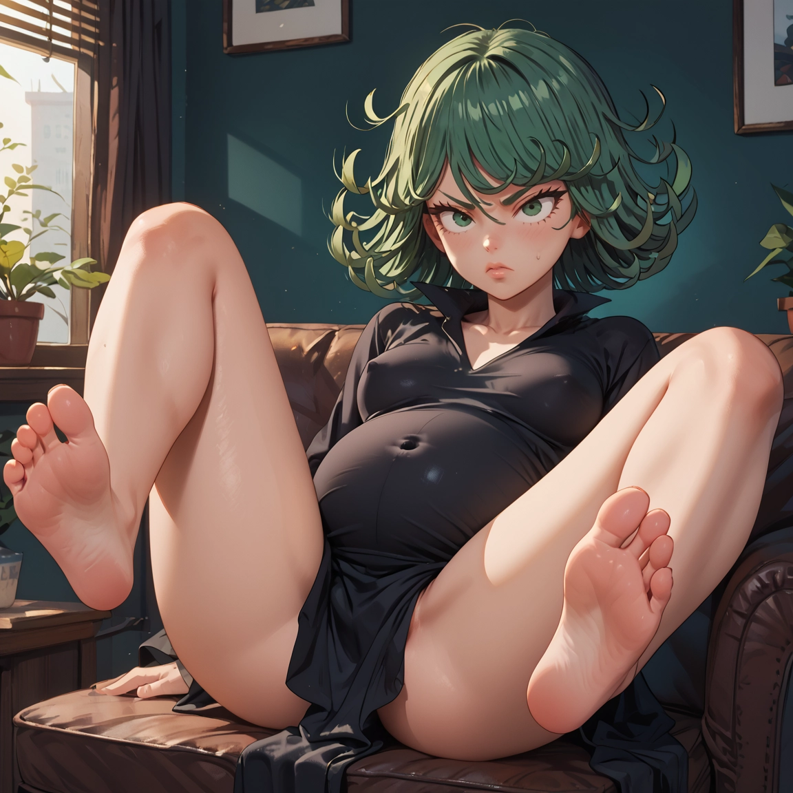 1girl, barefoot, feet, green eyes, solo, dress · Yamete.gg