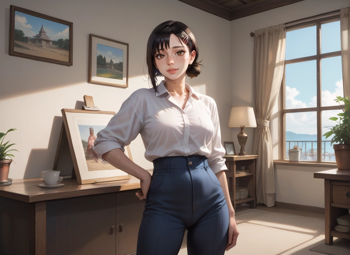 1girl, shirt, black hair, solo, pants, higashiyama kobeni · Yamete.gg