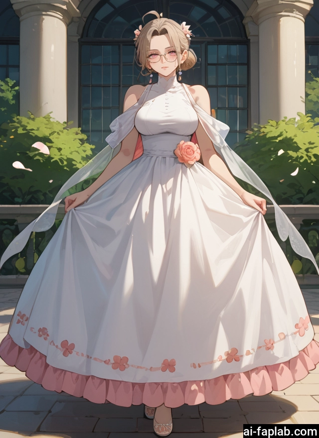 1girl, dress, white dress, breasts, glasses, solo