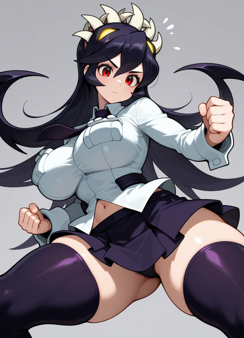 1girl, breasts, red eyes, thighhighs, filia (skullgirls), solo · Yamete.gg