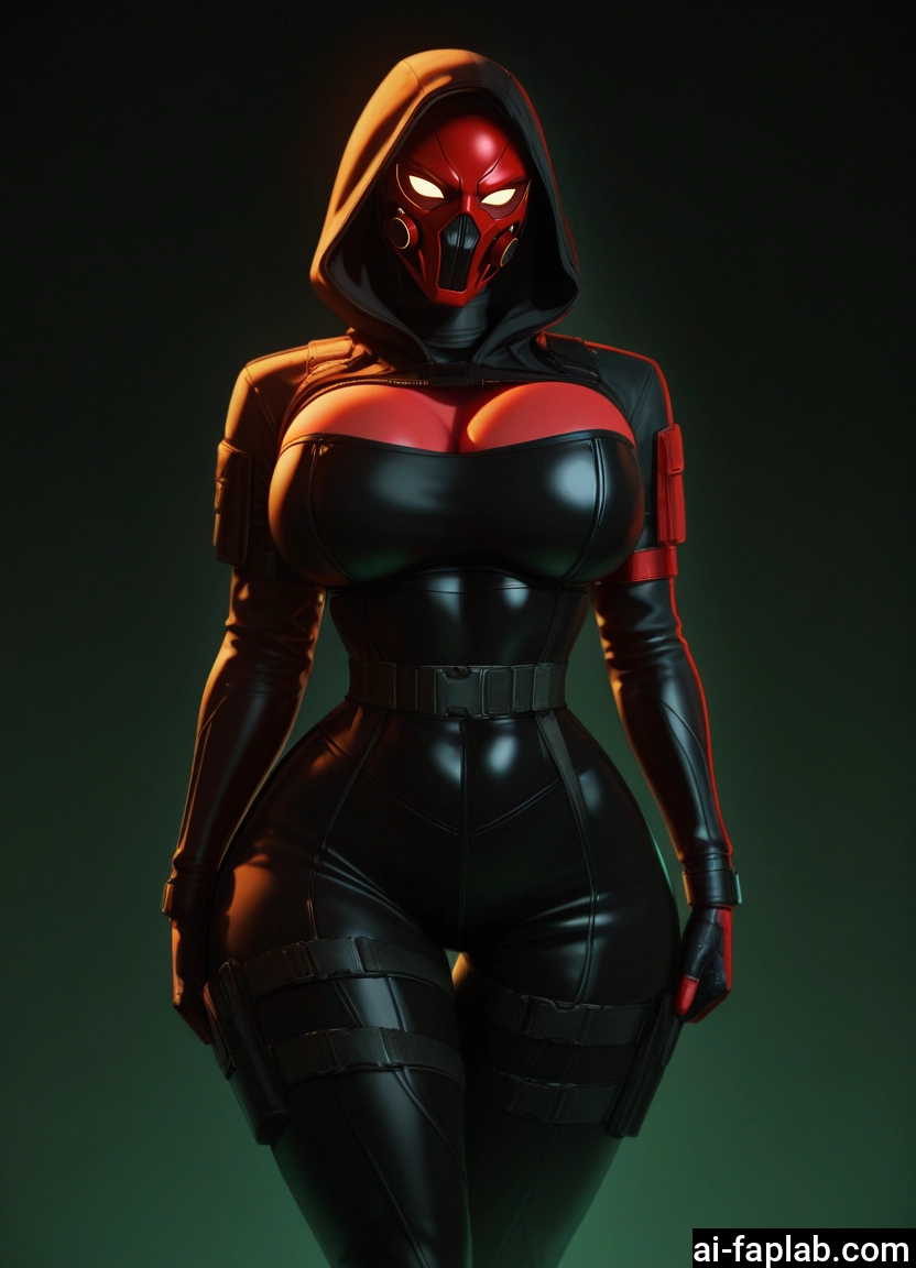 1girl, breasts, solo, hood, mask, cleavage