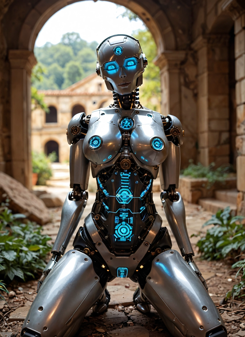 1girl, solo, robot, kneeling, humanoid robot, science fiction · Yamete.gg