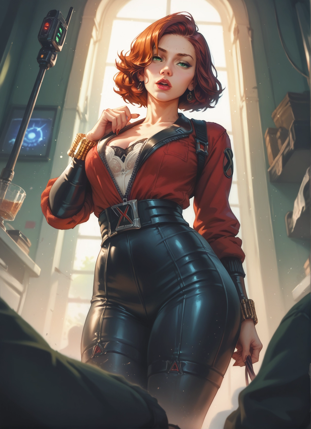 1girl, breasts, jewelry, earrings, green eyes, cleavage · Yamete.gg