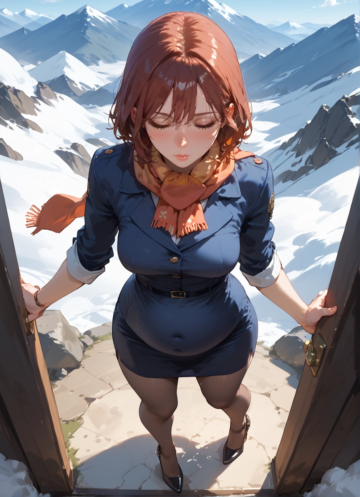 1girl, solo, scarf, closed eyes, skirt, pantyhose · Yamete.gg