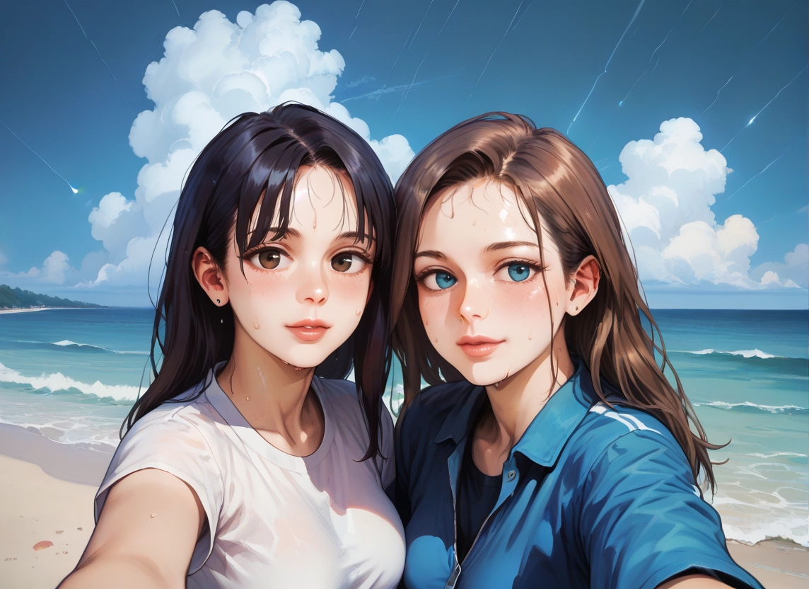 multiple girls, 2girls, shirt, blue eyes, outdoors, looking at viewer · Yamete.gg