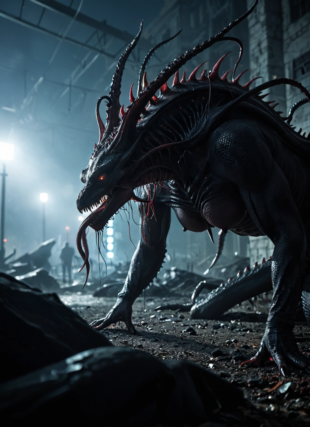 no humans, open mouth, monster, teeth, sharp teeth, lamppost · Yamete.gg