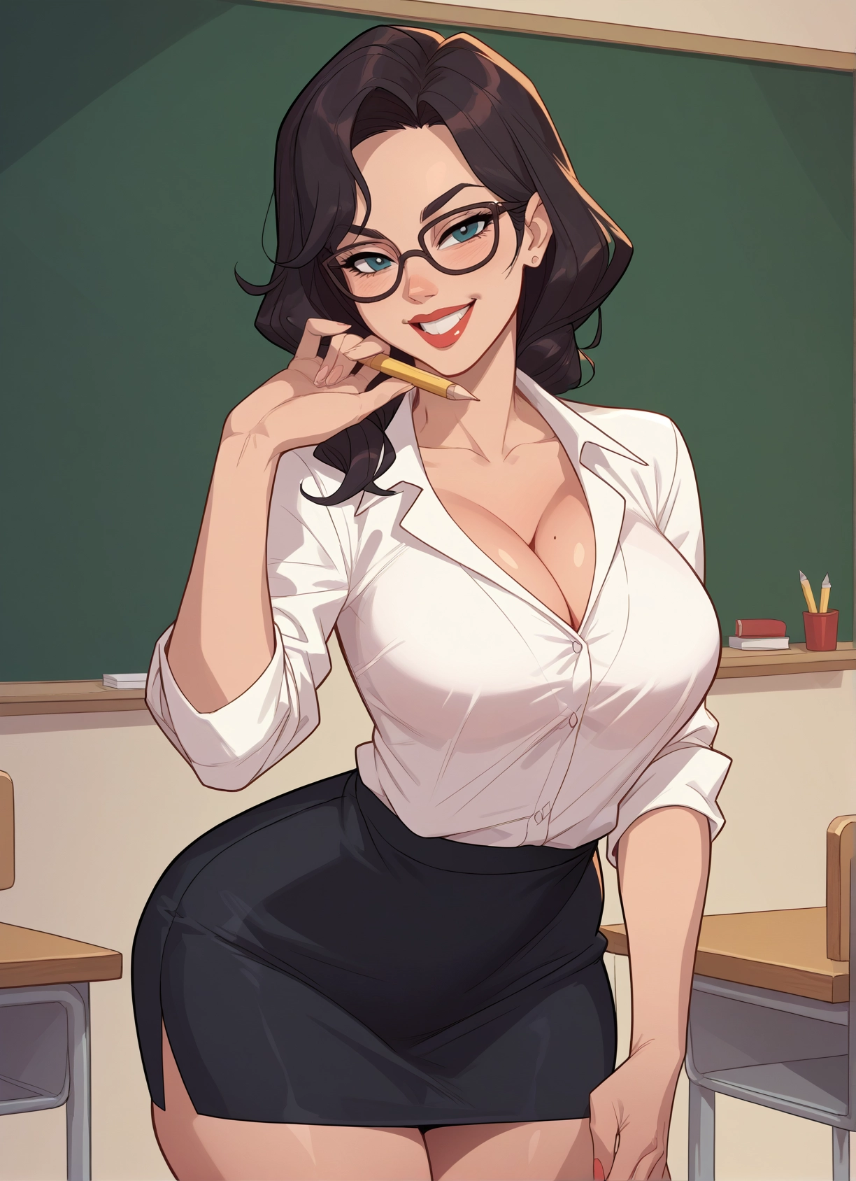 1girl, breasts, skirt, glasses, cleavage, mole · Yamete.gg