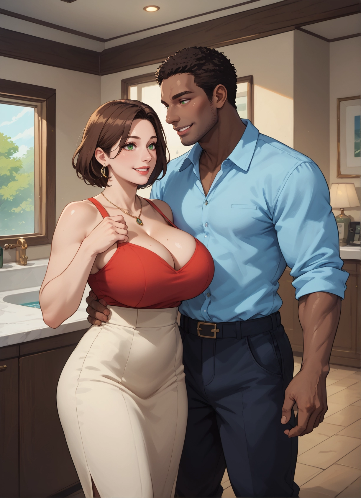 1girl, breasts, 1boy, jewelry, green eyes, brown hair · Yamete.gg