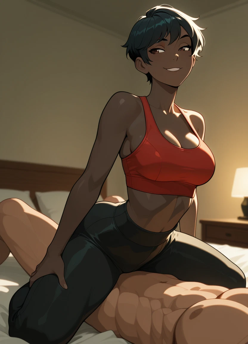 1girl, breasts, 1boy, short hair, abs, black hair