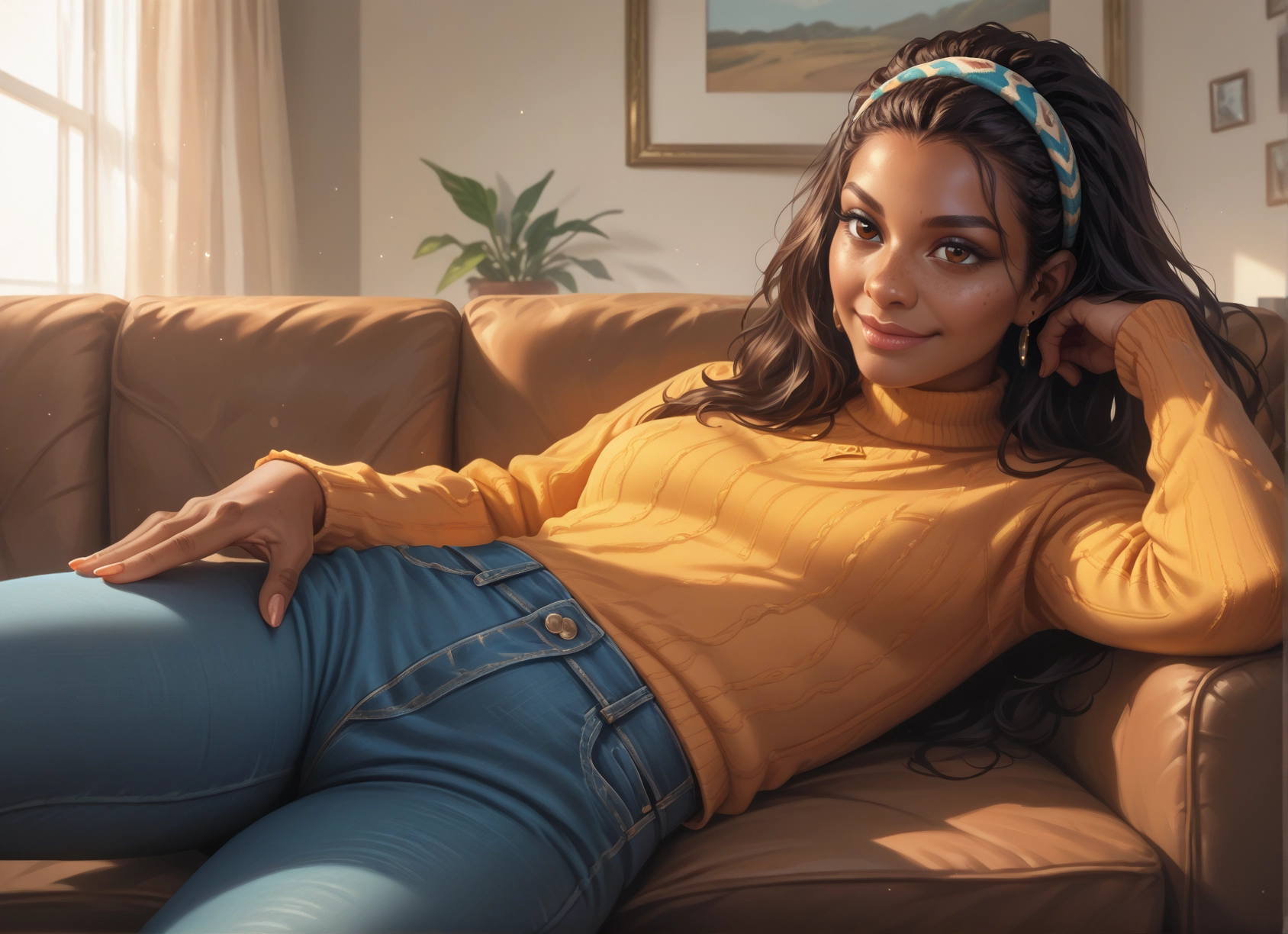 1girl, solo, pants, sweater, denim, jewelry · Yamete.gg