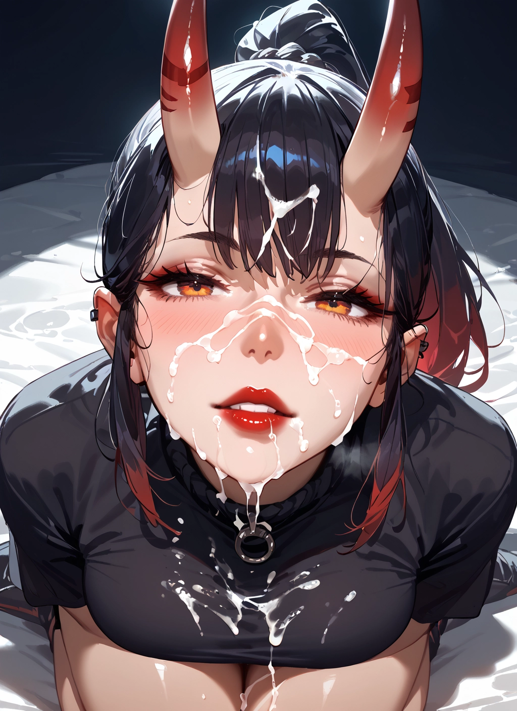 1girl, cum, horns, facial, solo, breasts · Yamete.gg