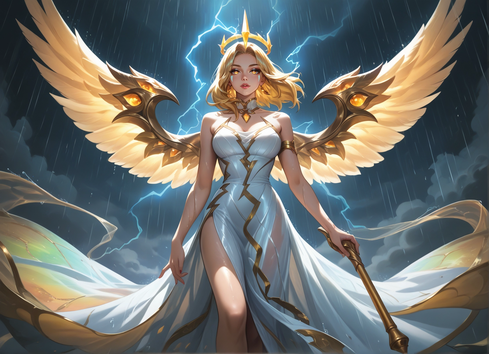 1girl, rain, solo, dress, blonde hair, wings · Yamete.gg
