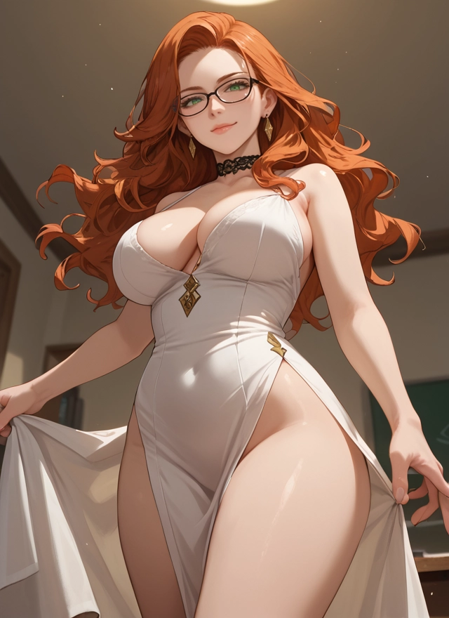breasts, 1girl, dress, glasses, large breasts, jewelry · Yamete.gg
