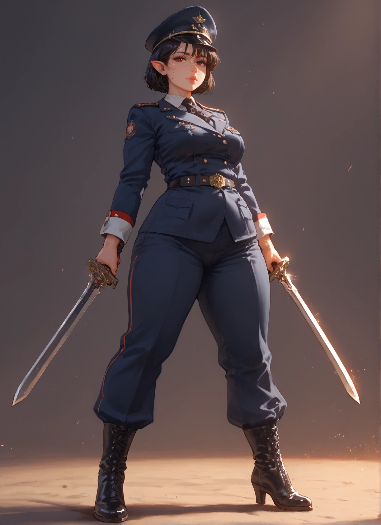 1girl, weapon, pointy ears, solo, sword, uniform · Yamete.gg