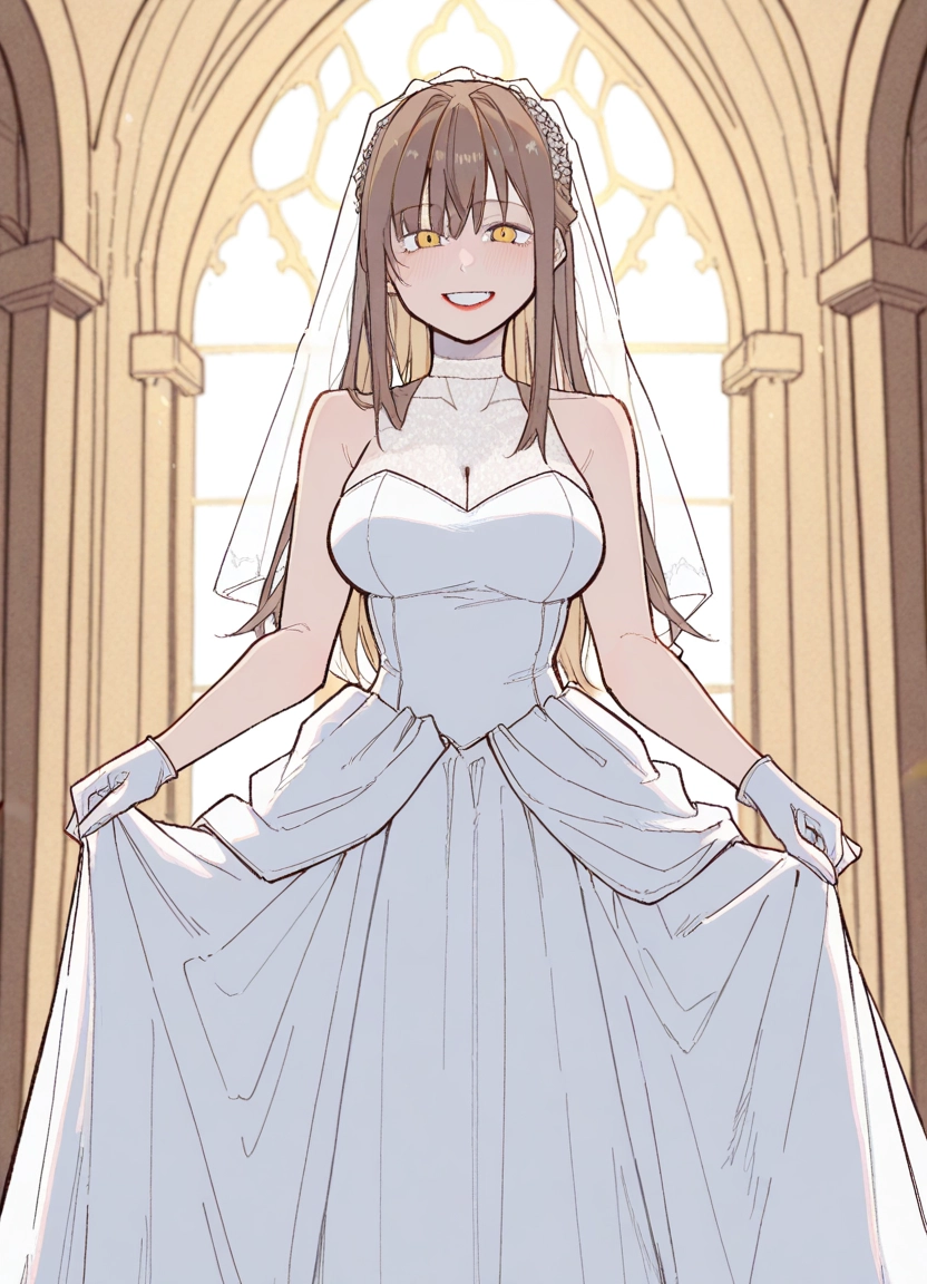 1girl, dress, gloves, breasts, wedding dress, smile · Yamete.gg